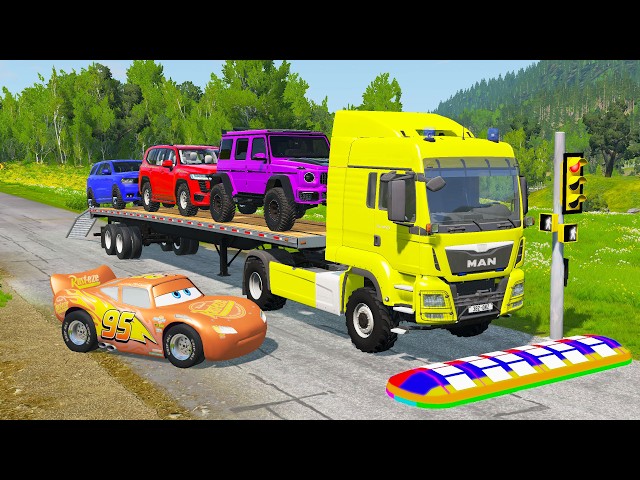 Flatbed Truck Mcqueen | Transportation with Truck - Pothole vs Car #024 - BeamNG.Drive