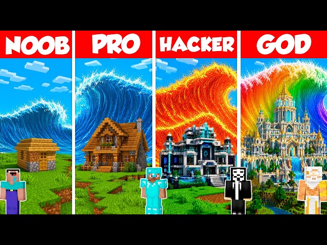 Tsunami vs House Build Battle Challenge - Noob vs Pro vs Hacker vs God - Minecraft Animation
