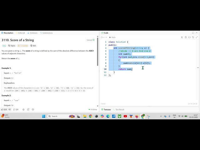 Score of a string Leetcode solution!! Posting until i am alive