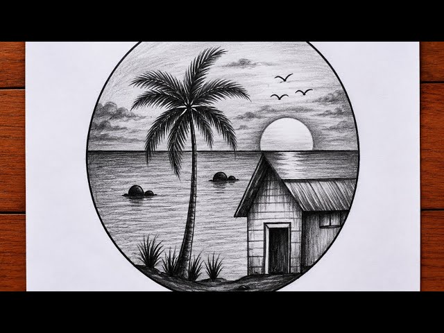 Circle Scenery Drawing easy | Pencil Sketch Tutorial for beginners | How to Draw easy Circle Scenery