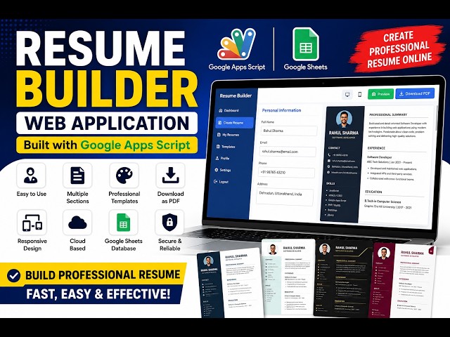 📄 Resume Builder Web Application, Google Apps Script + Google Sheets, Create Professional Resume