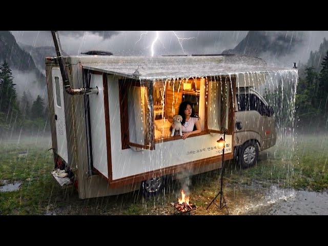 ☔️ HEAVY RAIN CAMPING IN A WOODEN TRUCK CABIN WITH MY DOG⚡️, Sound of Rain ASMR