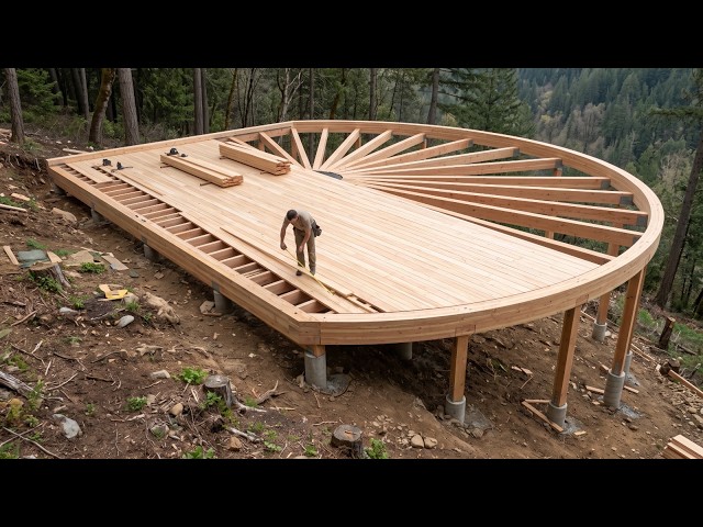 This man is building a stunning wooden house on a forest slope with a new foundation technique!