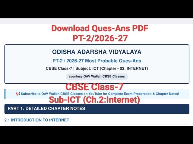 Download Ques-Ans PDF/PT-2/2026-27/ICT:Computer Science Chap-2: Internet/CBSE Class-7/Odisha Adarsha