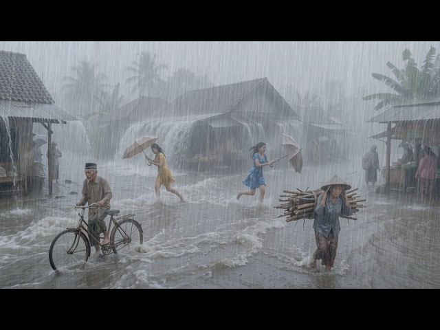 CAUGHT IN TORRENTIAL RAIN 🌧️ Walking Through a Flooded Village | Rain Sounds for Deep Sleep