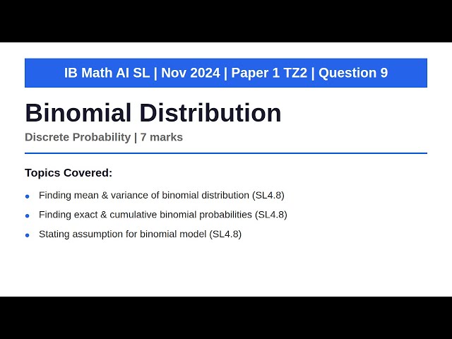 Binomial Distribution | IB Math AI SL | Nov 2024 Paper 1 TZ2 Q9