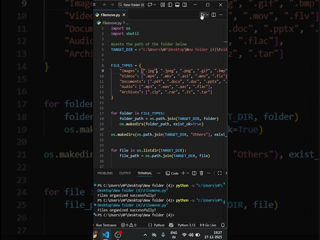 Stop Organizing Files Manually — Use Python😎#automation #coding #dev #learncoding #productivity