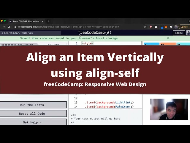 Align an Item Vertically using align self (CSS Grid) freeCodeCamp tutorial