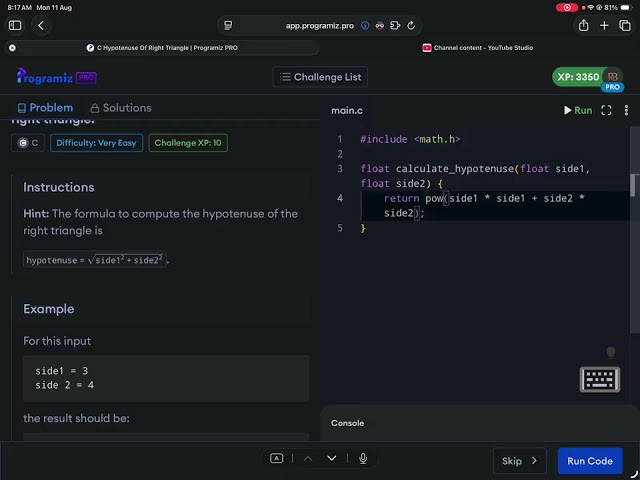 🎥 C Chronicles — Ep. 26: Hypotenuse of Right Triangle | Programiz PRO