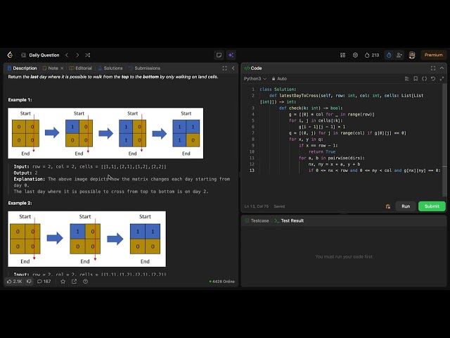Leetcode 1970. Last Day Where You Can Still Cross | #python #dailychallenge #algorithms