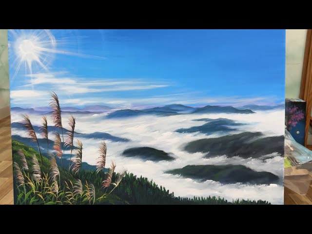 042 - Painting Process: Clouds Embrace Mountains with Silver Grass on High Hills | Acrylic Landscape