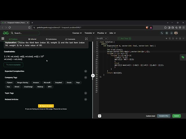 0-1 Knapsack Problem | GFG Solution in C++ | Bottom Up DP Approach Explained