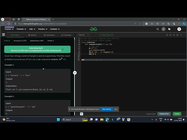 Distinct occurrences GFG POTD Python Solution geeks for geeks problem of the day python solution dp