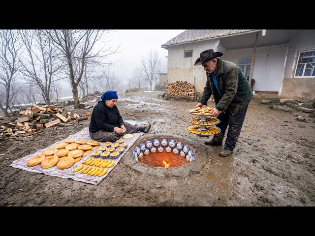 Peaceful Old Age of an Elderly Couple in a Winter Mountain Village Far from Civilization