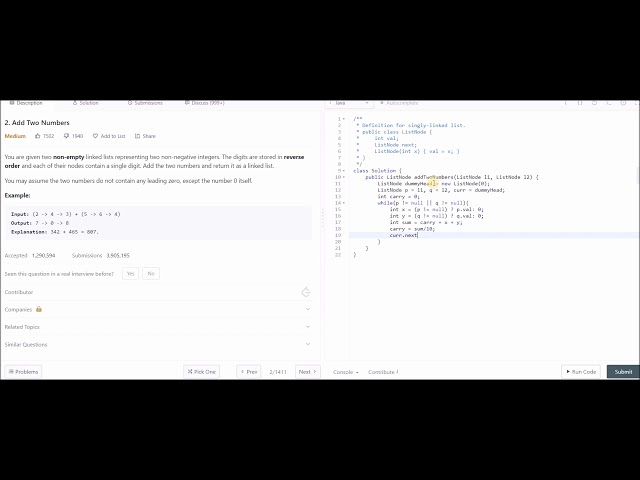 LeetCode - add two numbers solution - in Java, 2#