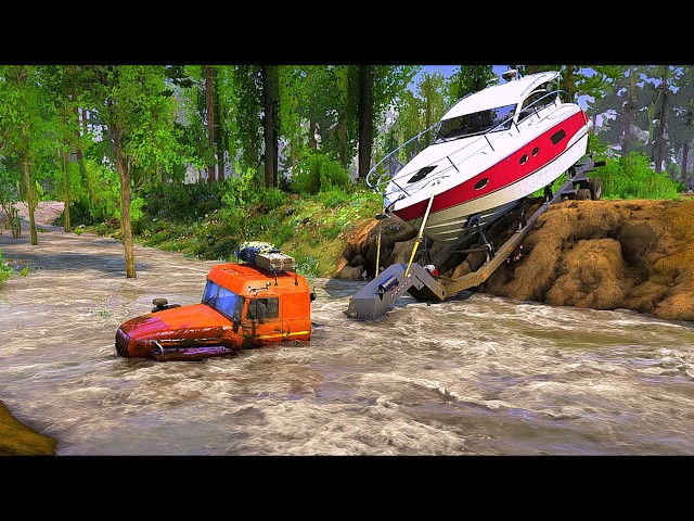 🔥 “River Disaster! Massive Truck Loses Control While Hauling a Luxury Boat Into Flood Waters!” 🚛🌊🛥️💥