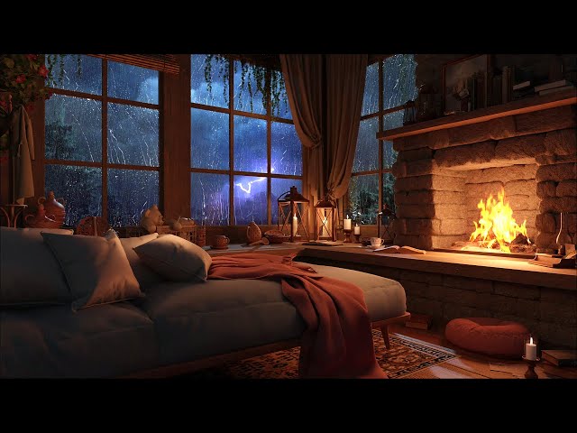 Cozy Rain on Window - Thunderstorm & Warm Fireplace | Deep Sleep, Study, and Relaxation Sounds