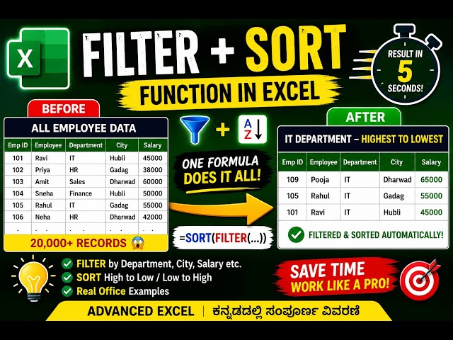 FILTER + SORT Function in Excel Kannada | Automatically Filter & Sort Data | Real Office Examples