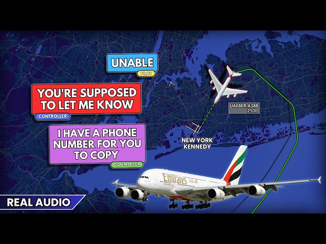 Pilots get a Lesson from Controller. Emirates Airbus A380 has problems on approach at JFK. Real ATC