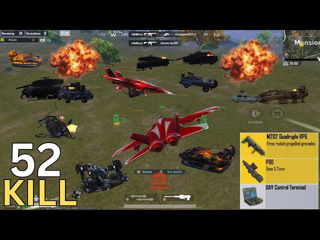 52 solo Kills 😱 With Jet + P90 vs Tank, Robot, Jet, Car war in payload 3.0 💥 || PUBG MOBILE ||