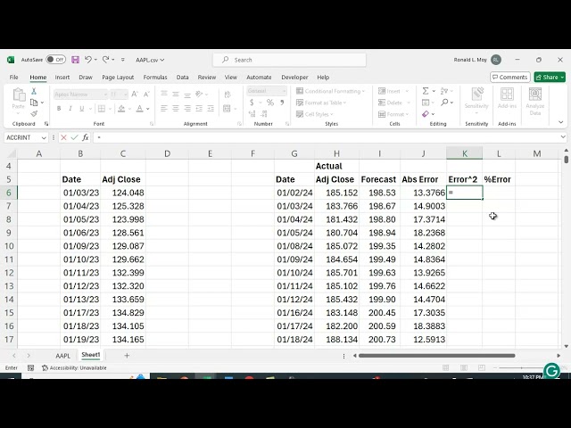 Forecasting Stock Prices in Excel using Regression