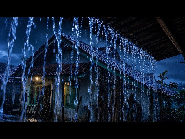 The atmosphere of heavy rain at a warm and cozy wooden house. Rain sounds for sleeping.