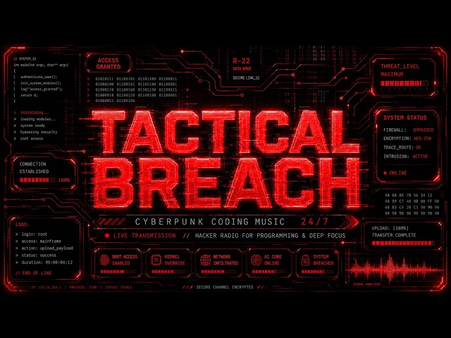 TACTICAL BREACH 🔴 Cyberpunk Coding Music 24/7 • Hacker Radio for Programming & Deep Focus