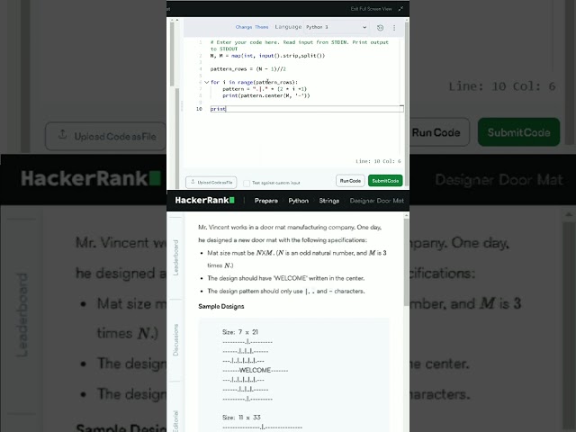 Hackerrank  || Python  || Strings  | | Designer Door Mat  #coding #solution  #codingchallenge