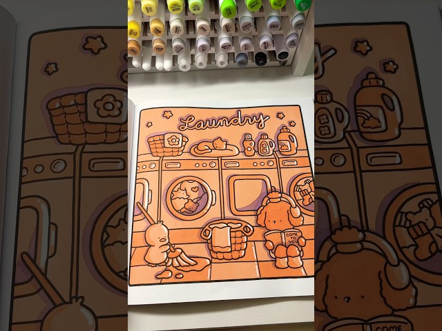two color challenge 🤩 back vs front of “Cozy Friends” Coloring Book by Coco Wyo using Ohuhu Markers
