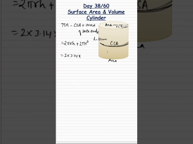 Day 38/60 - SA and Volume of the Cylinder #surfaceareaandvolumeclass9 #volume #surfacearea #cylinder