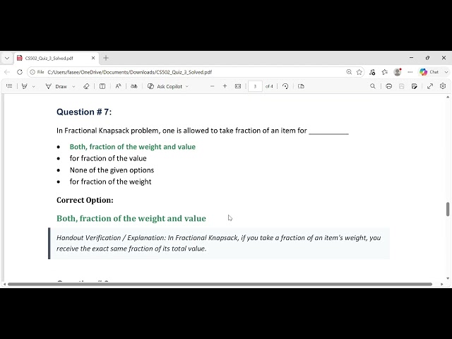 CS502 Quiz No. 3 Solved with Explanation | VU Design and Analysis of Algorithms