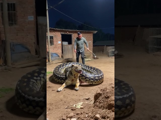 A massive python coils tightly around a struggling dog in the middle of a dusty farmyard