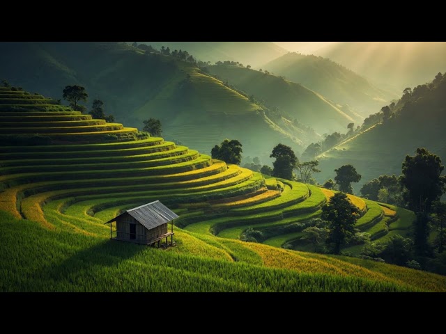 Serene Golden Rice Terraces Loop 4K - Wooden Hut & Sun Rays