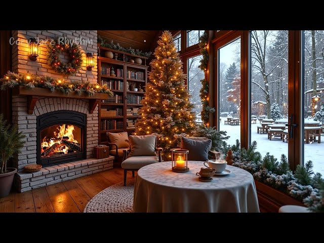 Winter Cafe Ambience ❄️☕ Smooth Jazz Music & Christmas Jazz with Cozy Fireplace for Work and Study