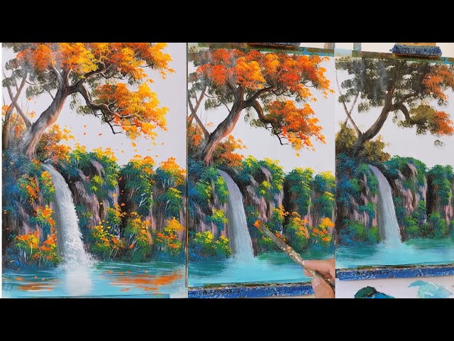 005 | Step by Step Acrylic Painting of a Golden Tree Growing on a Mountain Waterfall | Full Tutorial