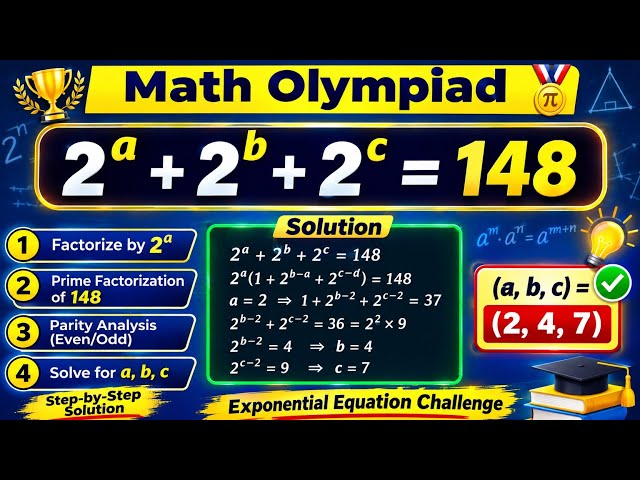 Olympiad Math Challenge: Find \(a,b,c\) in \(2^a+2^b+2^c=148\)
