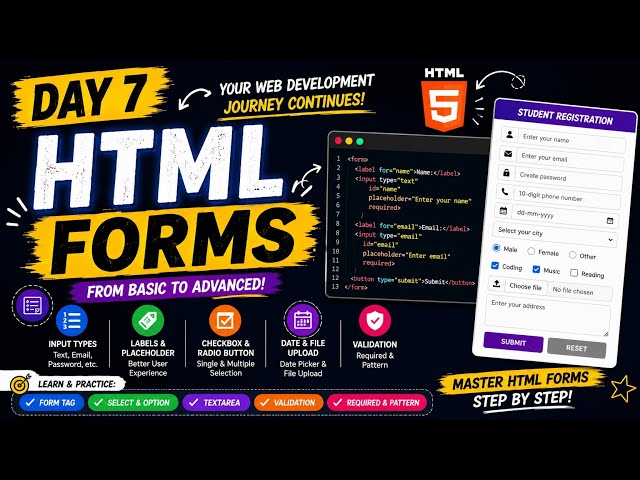HTML Day 7 | HTML Forms Tutorial for Beginners | Form Tag, Input Types, Required & Pattern