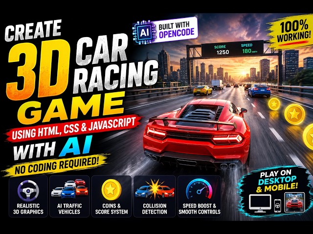 Create 3D Car Racing Game Using HTML CSS and Javascript using AI - No Coding Required | opencode