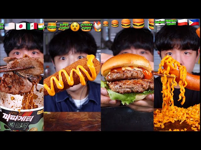 ASMR MUKBANG FIRE NOODLES FRIED CHICKEN SAUSAGE CHEESE BURGER (NO BGM)