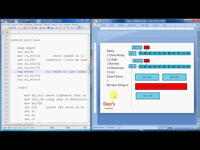80386 Assembly Program for String Manipulation Operation | Accept | Length | Reverse | Palindrome