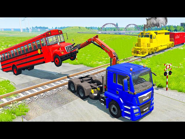 Flatbed Trailer Tractor Truck Rescue Red Bus | Tractor vs Train | BeamNG.Drive Satisfying Video