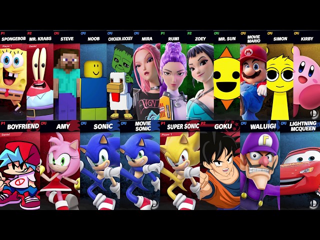 Sonic vs Mario vs SpongeBob vs Goku vs Minecraft vs Roblox vs Fortnite | Super Smash Bros