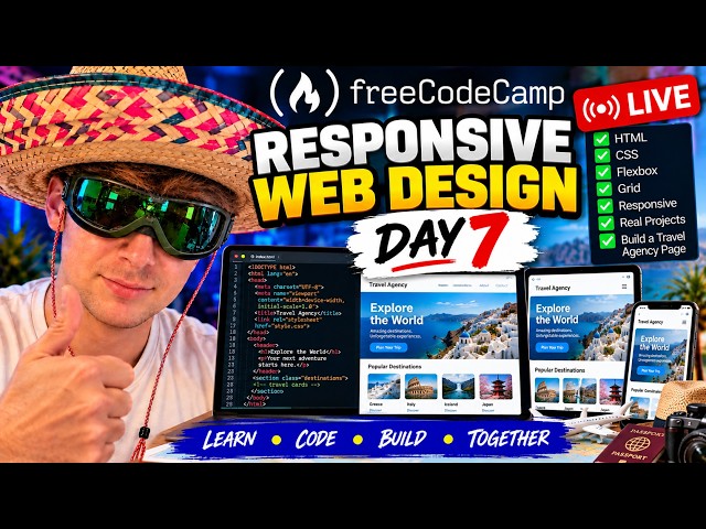 🔴 LIVE DAY 7: freeCodeCamp Responsive Web Design | Build a Travel Agency Page ✈️🌍