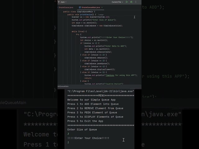 SimpleQueueMain.java || Simple Queue in Java – Main Class with Console Output!