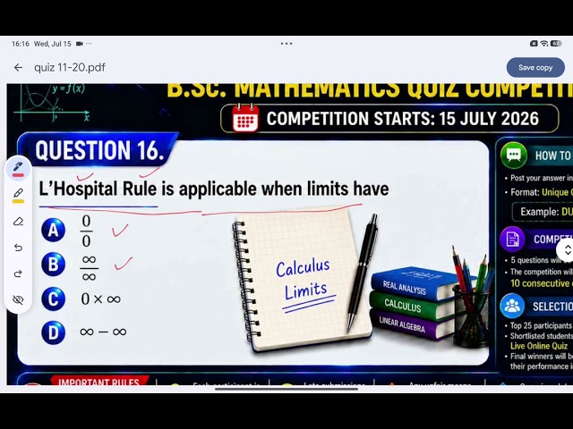 Question 16 | L'Hospital's Rule | YouTube Academic Challenge 2026 | B.Sc. Mathematics Quiz
