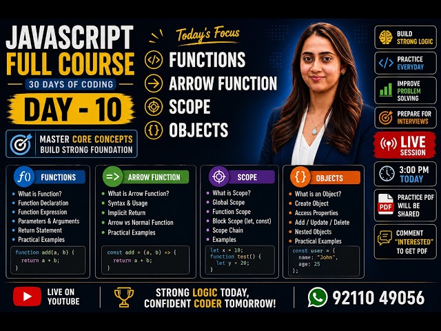 JavaScript Full Course Day 10 | Functions, Arrow Functions, Scope, Objects & Practice Questions