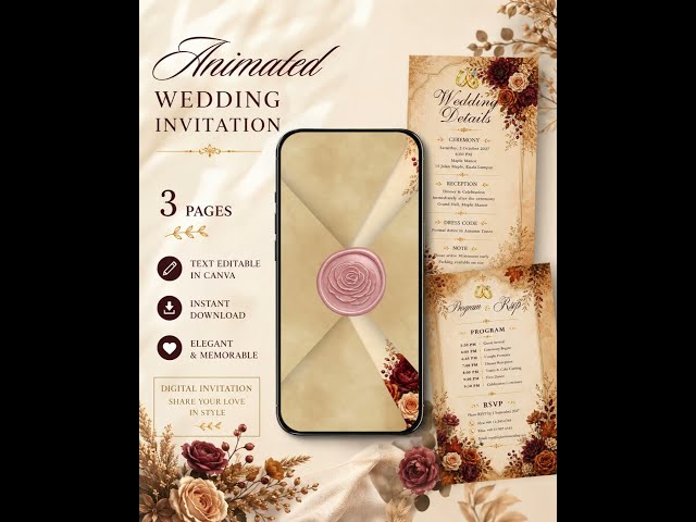 Animated Fall Wedding Invitation Template, Digital Wedding Video Invite, Editable Wedding Invitation
