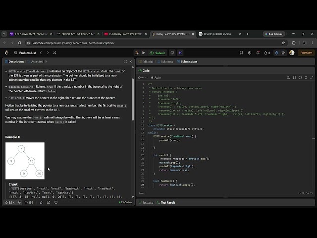 Binary Search Tree Iterator | LeetCode 173 | C++ | BST Iterator using Stack