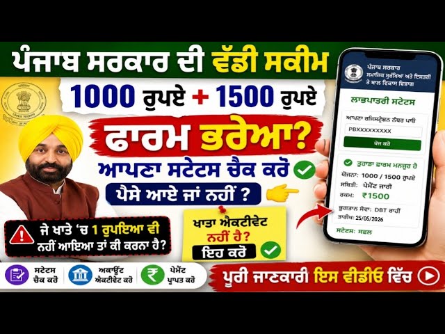 Punjab ₹1000 ₹1500 Scheme Payment Check 2026||Beneficiary Status & Account Activation Guide