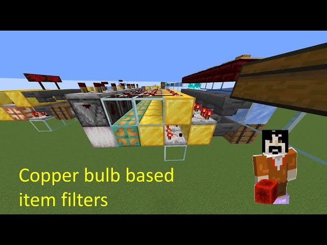 New item filter designs using the 1.21 copper bulbs, silent, overflow protected, 1wt, Minecraft Java